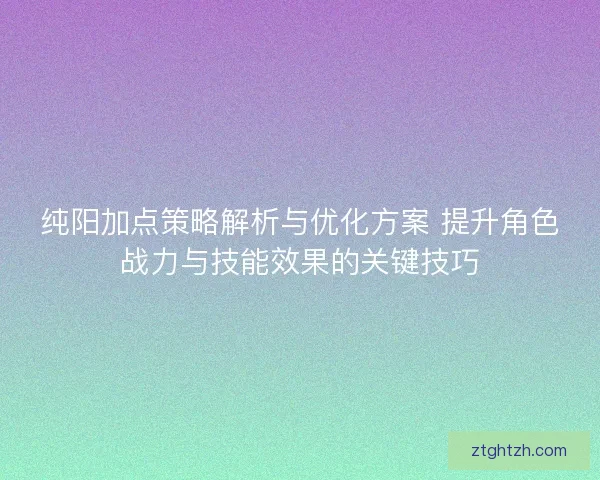 纯阳加点策略解析与优化方案 提升角色战力与技能效果的关键技巧